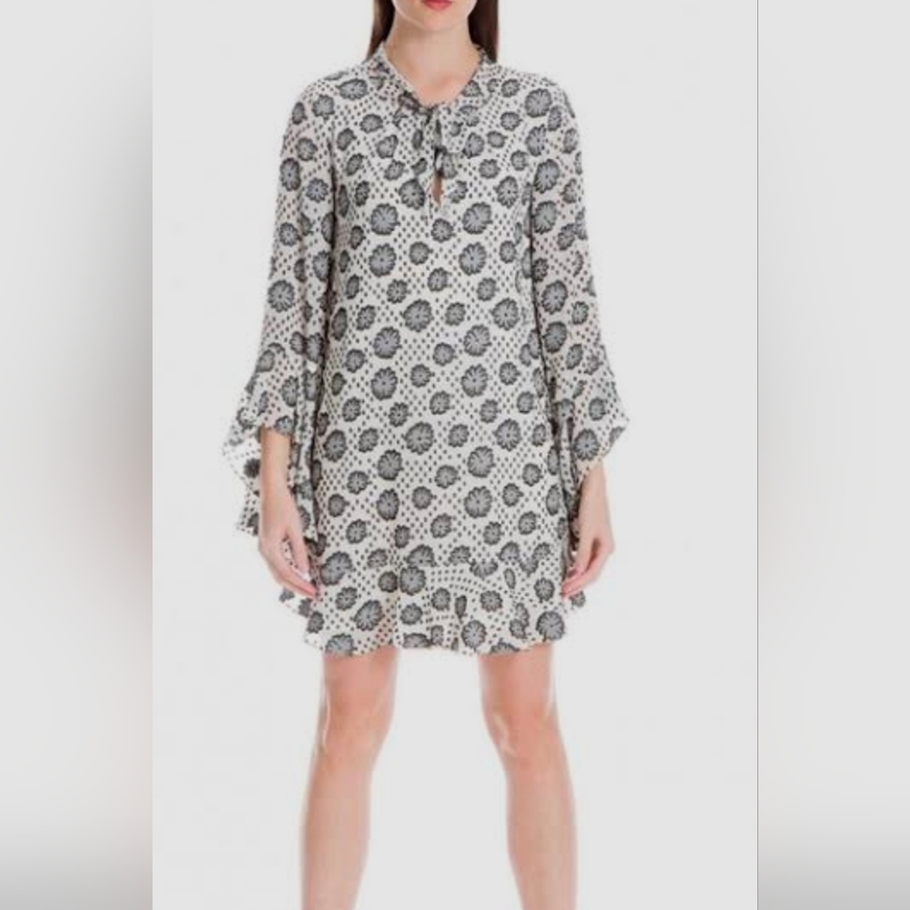 Max Sudio London sz S “Sylvia” ivory w black floral daisy 3/4 flare sleeve dress